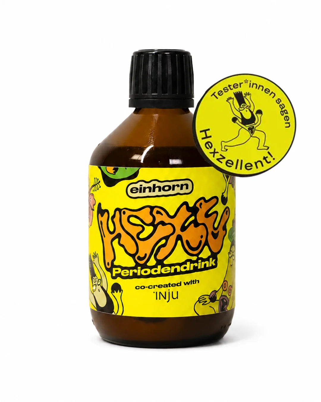 Braune 250ml Glasflasche mit gelbem Etikett und buntem „Hexe“-Schriftzug. Ein gelber runder Sticker zeigt eine Comic-Figur und den Text „Tester*innen sagen: Hexzellent!“.