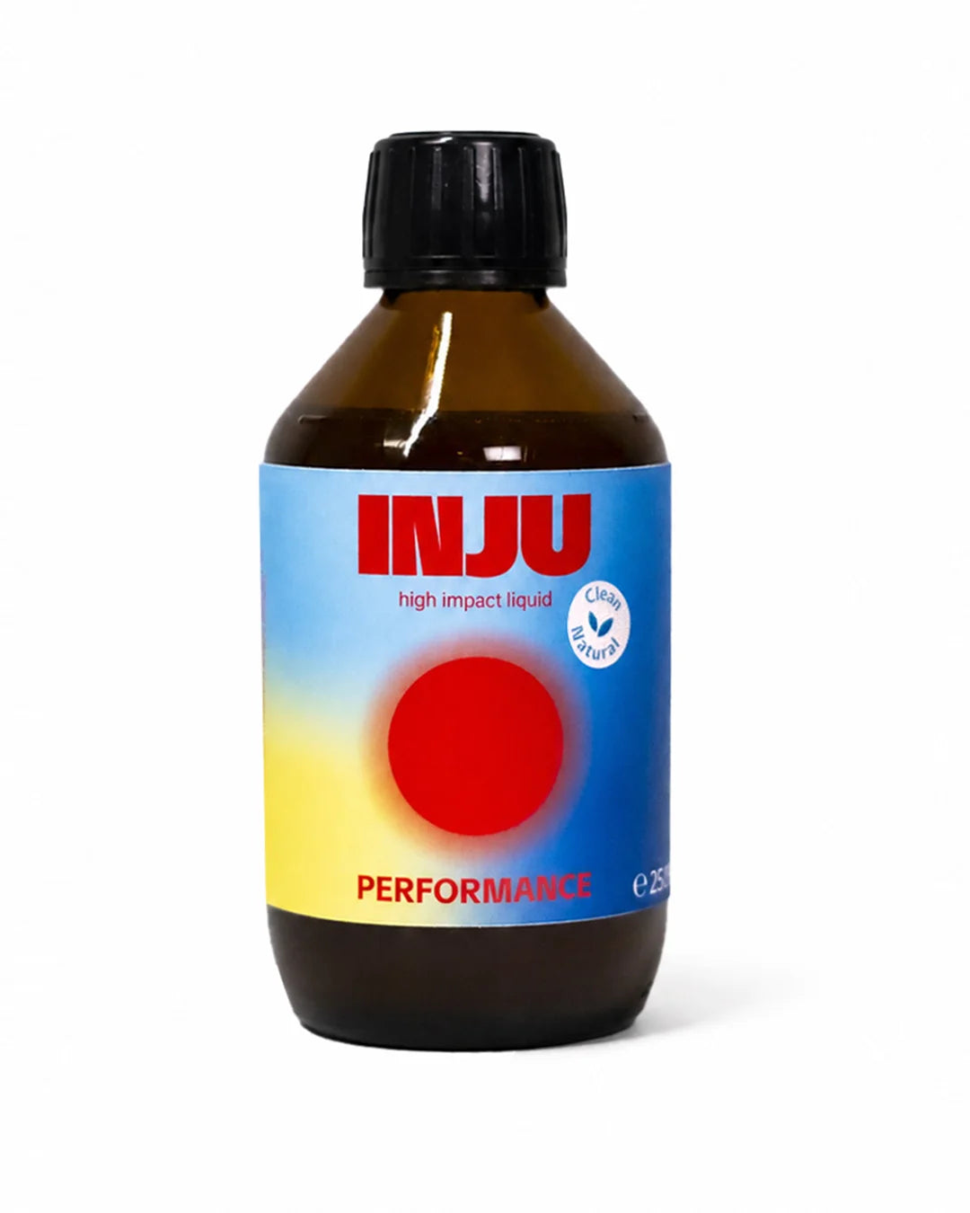 Braune Glasflasche „INJU Performance“ mit gelb-hellblauem Etikett, rotem Marken-Schriftzug und einem roten Kreissymbol.