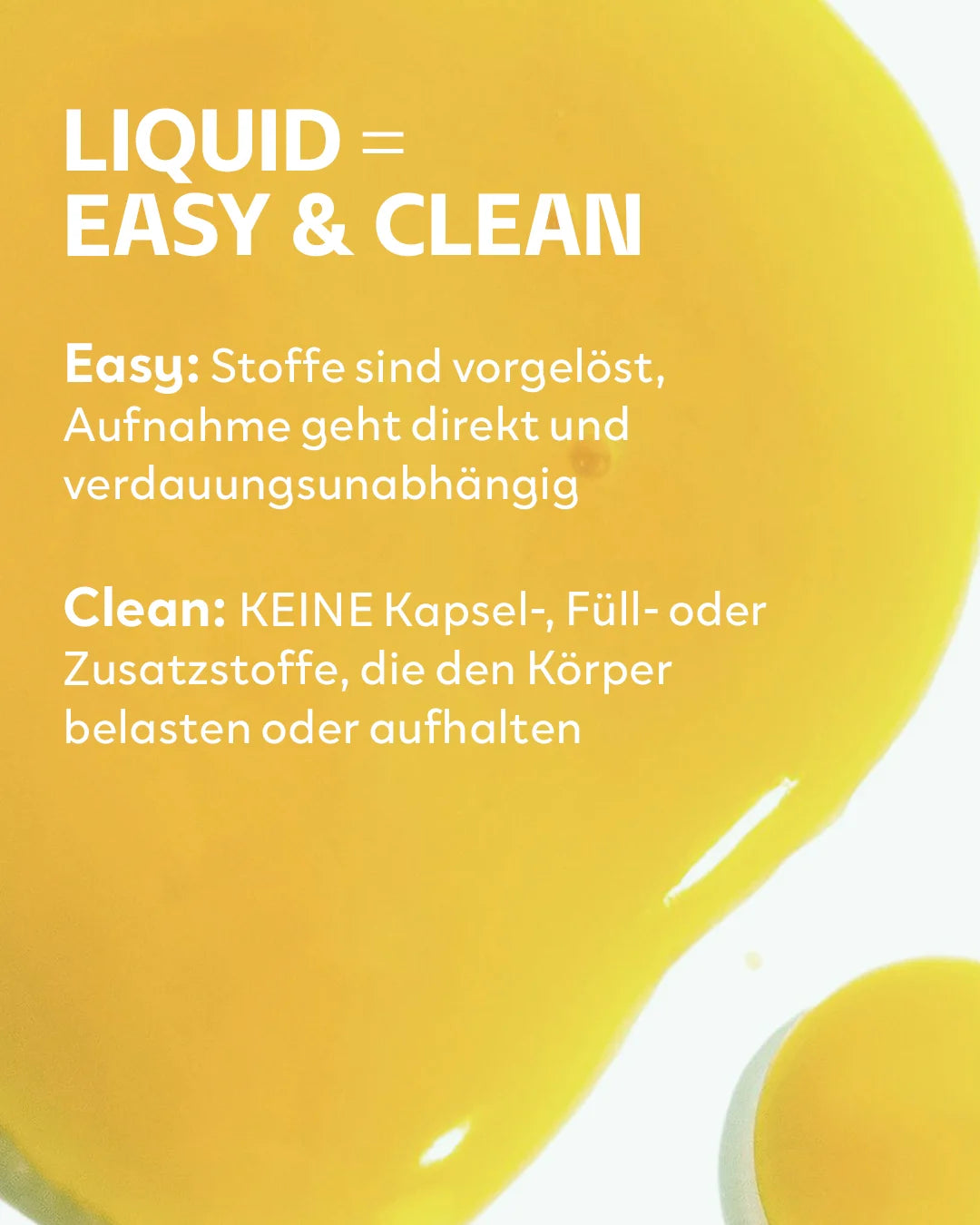 Aufnahme der leuchtend gelben, flüssigen INJU Magnesium Essenz. Text erläutert Vorteile der flüssigen Form: schnelle und saubere Aufnahme ohne Kapseln oder Zusatzstoffe