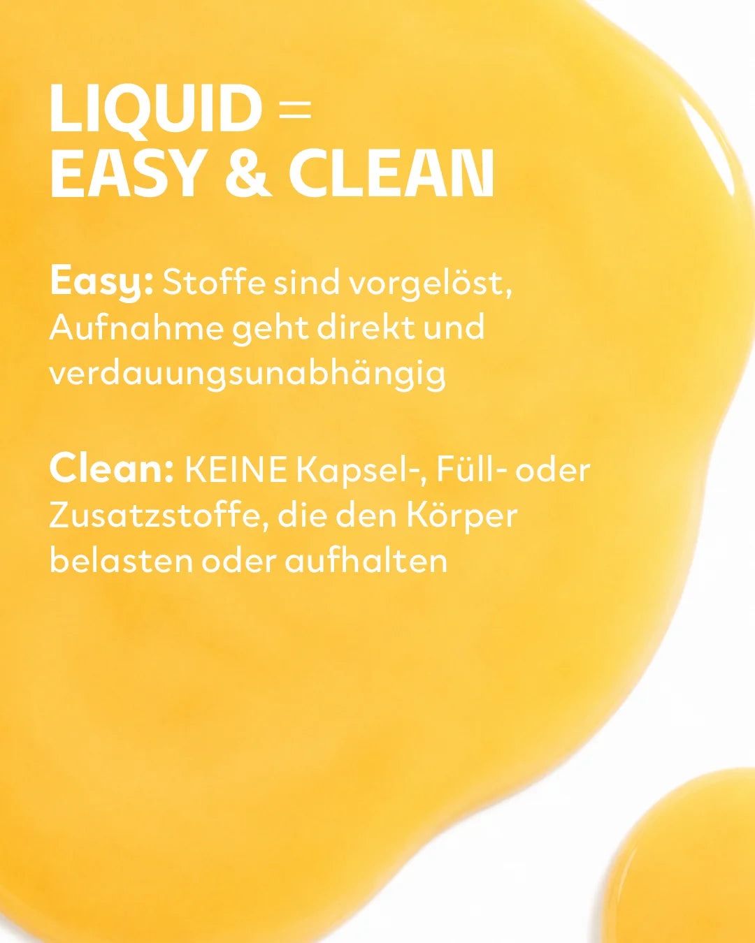 Aufnahme der leuchtend gelben, flüssigen INJU FOCUS Essenz. Text erläutert Vorteile der flüssigen Form: schnelle und saubere Aufnahme ohne Kapseln oder Zusatzstoffe