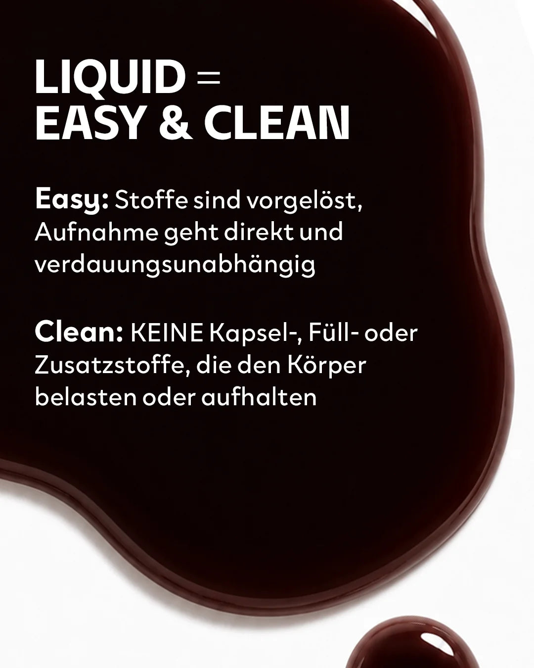 Aufnahme der dunklen flüssigen INJU GOOD NIGHT Essenz. Text erläutert Vorteile der flüssigen Form: schnelle und saubere Aufnahme ohne Kapseln oder Zusatzstoffe