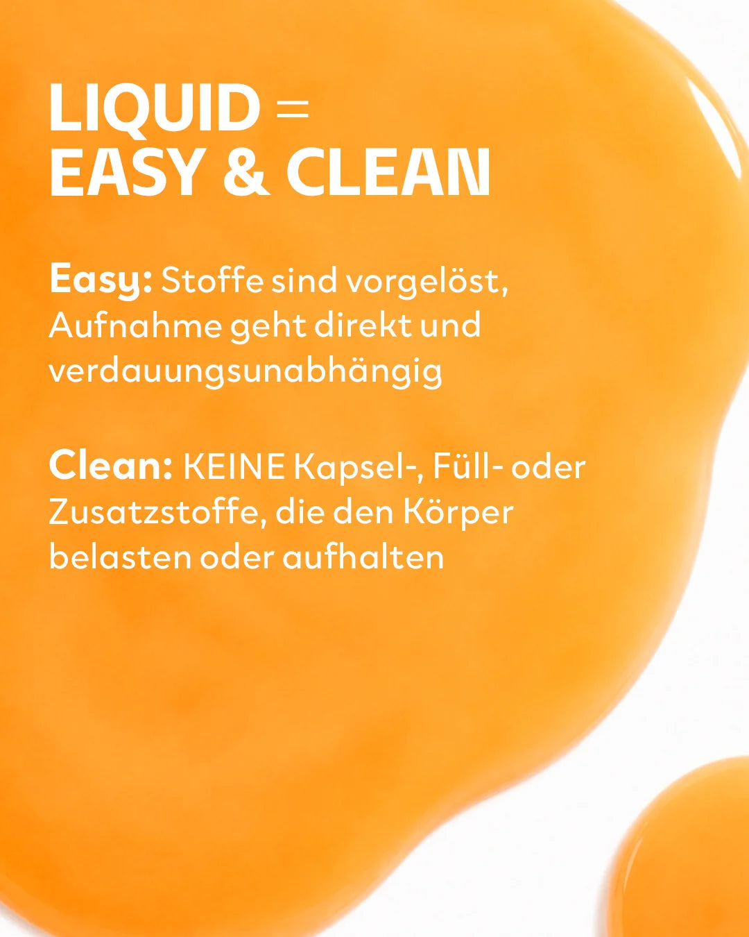Nahaufnahme der leuchtend orangefarbenen Hexe-Essenz auf weißem Grund. Der Text „Liquid = Easy & Clean“ erklärt die direkte Aufnahme der vorgelösten Stoffe ohne Kapseln oder Füllstoffe.
