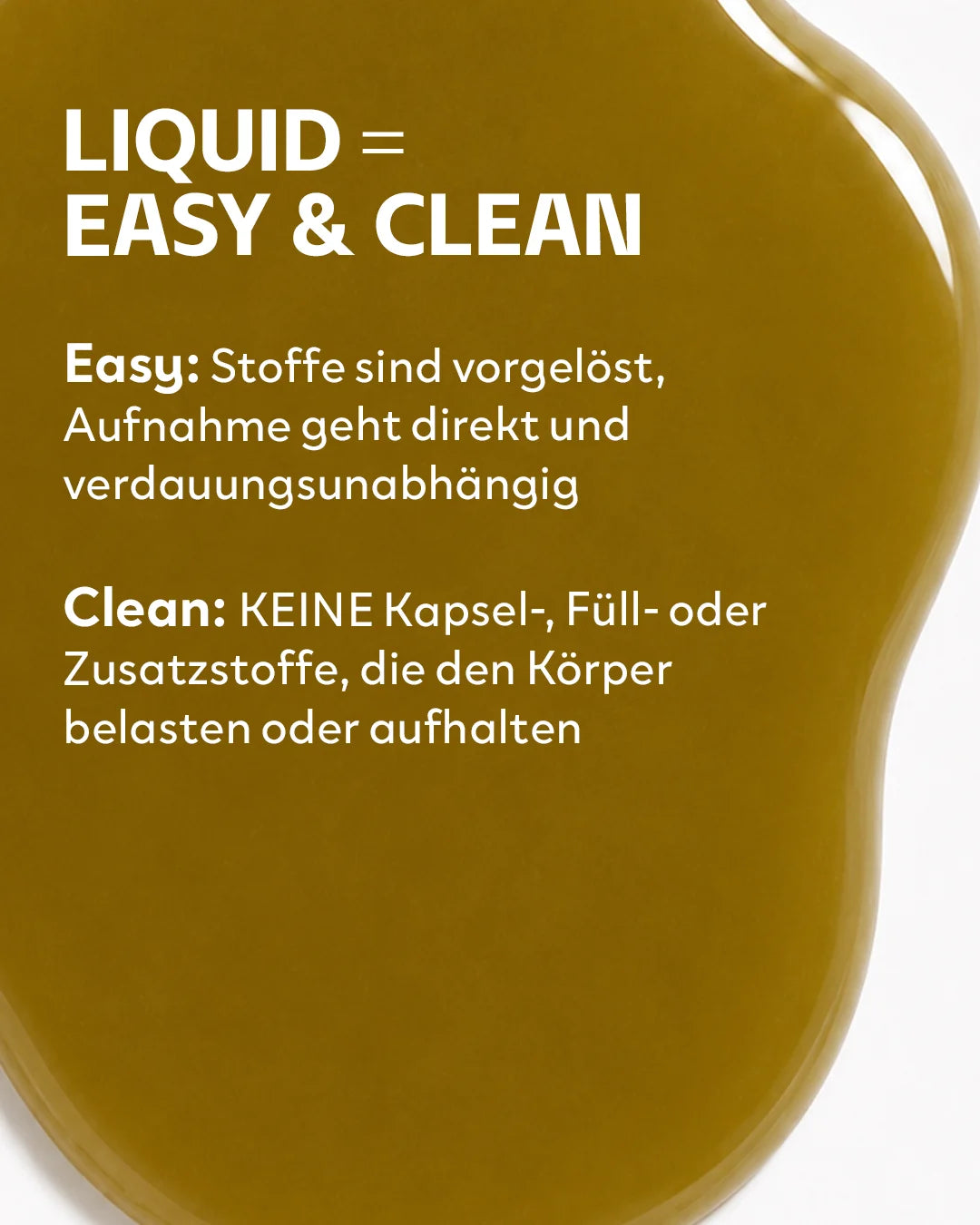 Aufnahme der olivgrünen flüssigen INJU IMMUNE Essenz. Text erläutert Vorteile der flüssigen Form: schnelle und saubere Aufnahme ohne Kapseln oder Zusatzstoffe