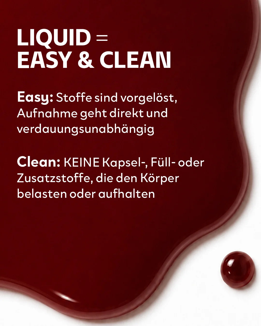 Aufnahme der roten flüssigen INJU PERFORMANCE Essenz. Text erläutert Vorteile der flüssigen Form: schnelle und saubere Aufnahme ohne Kapseln oder Zusatzstoffe