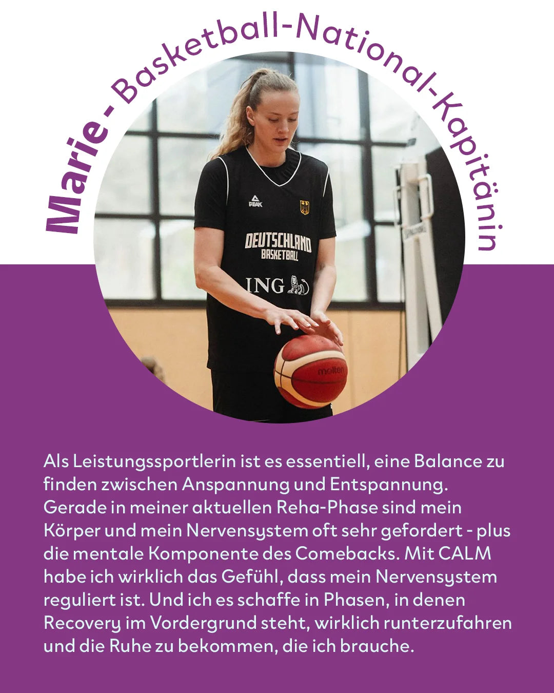 Hellviolette Testimonial-Grafik mit einem Foto von Basketballerin Marie. Der Text beschreibt, wie INJU CALM ihr Nervensystem reguliert und ihr hilft, in der Reha- und Recovery-Phase die nötige Ruhe zu finden.