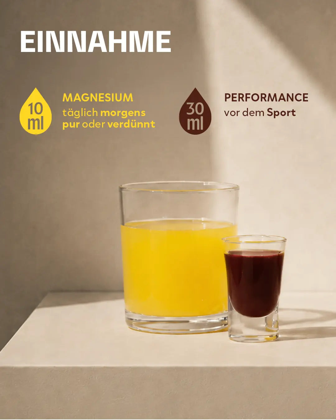 Infografik zur Einnahme des Sets: Text-Info für 10 ml INJU MAGNESIUM täglich morgens und 30 ml INJU PERFORMANCE vor dem Sport. Darunter stehen ein großes Glas mit der hellgelben INJU MAGNESIUM Flüssigkeit und ein kleines Shotglas mit der dunkelroten INJU PERFORMANCE Flüssigkeit.