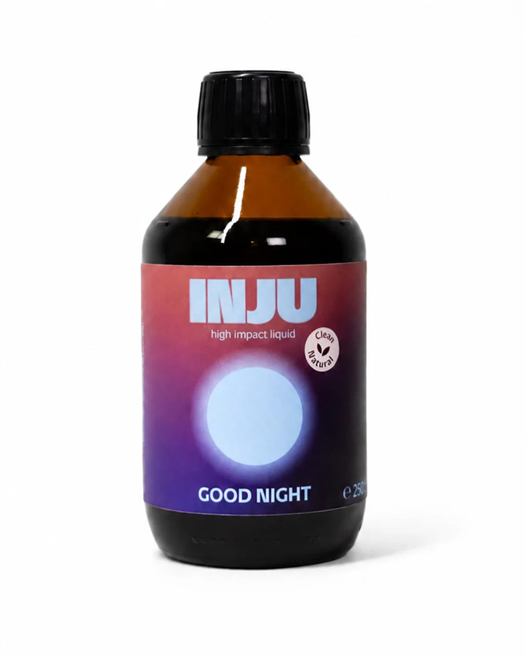 Braune Glasflasche „INJU Good Night“ mit einem Etikett in dunklem Violett-Blau-Verlauf und einem sanft hellblau leuchtenden Kreissymbol.