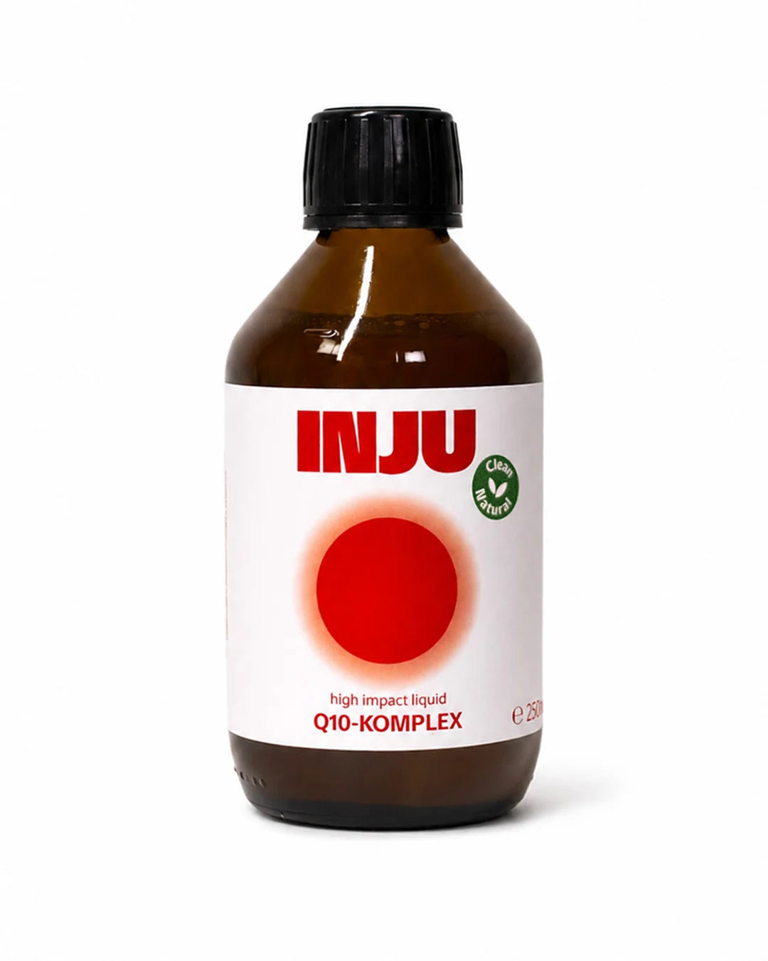 Braune Glasflasche „INJU Q10-Komplex“ mit schlichtem weißem Etikett, rotem Marken-Logo und einem intensiv roten Kreissymbol.