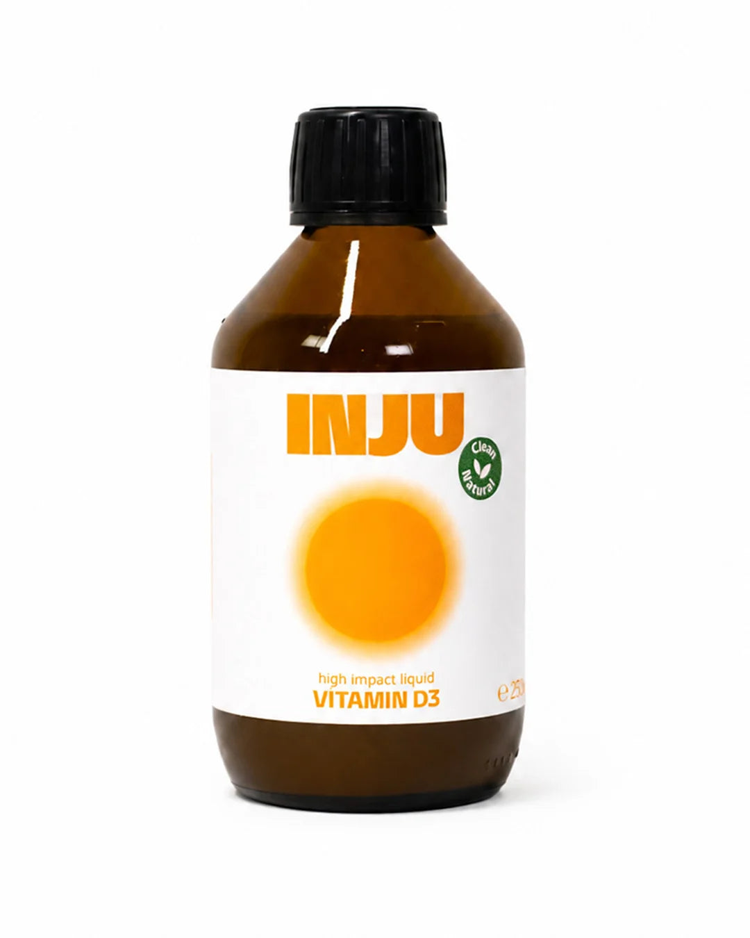 Braune Glasflasche „INJU Vitamin D3“ mit schlichtem weißem Etikett, gelbem Marken-Logo und einem strahlend gelben Kreissymbol.