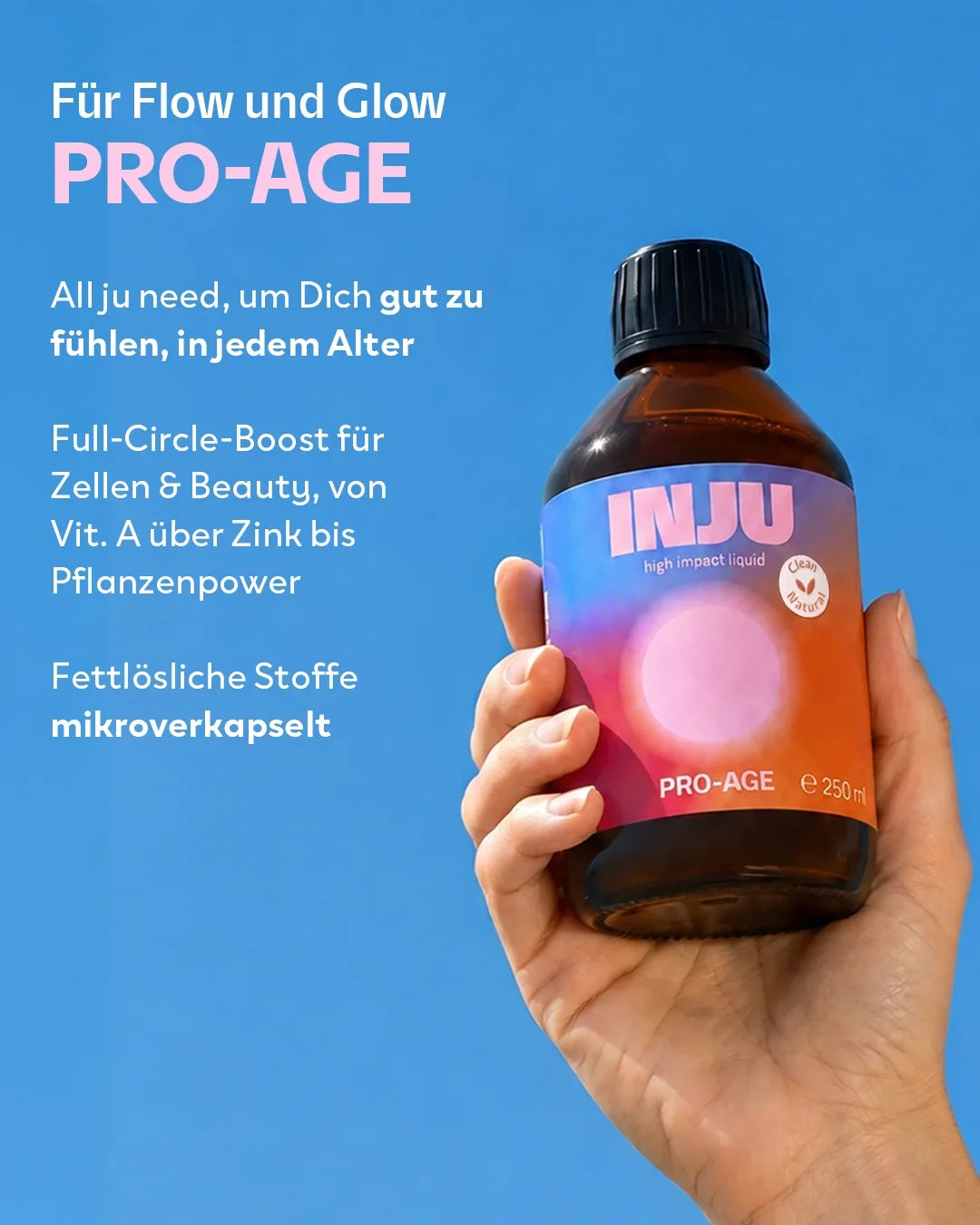Eine Hand hält die INJU Pro-Age Flasche mit dem blau-rosa Farbverlauf vor blauem Himmel. Der Text beschreibt einen „Full-Circle-Boost“ für Zellen und Beauty für jedes Alter.
