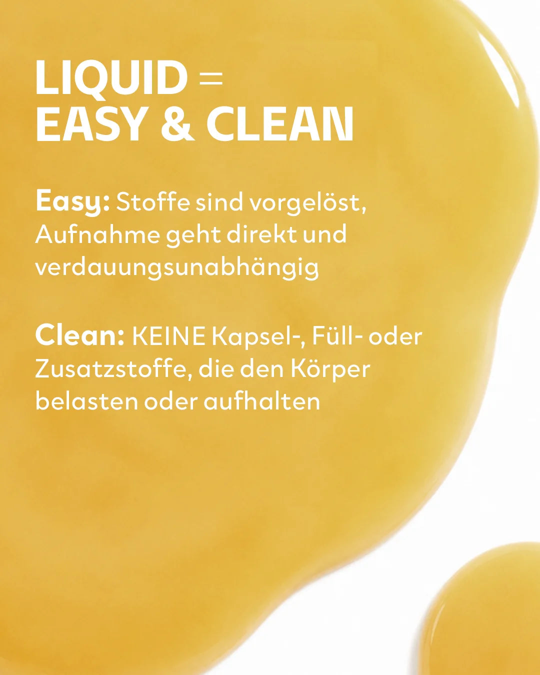 Aufnahme der leuchtend gelben, flüssigen INJU CALM Essenz. Text erläutert Vorteile der flüssigen Form: schnelle und saubere Aufnahme ohne Kapseln oder Zusatzstoffe