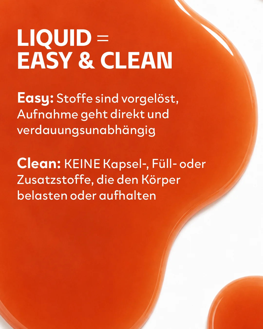 Aufnahme der orangfarbenen flüssigen INJU Magnesium Essenz. Text erläutert Vorteile der flüssigen Form: schnelle und saubere Aufnahme ohne Kapseln oder Zusatzstoffe
