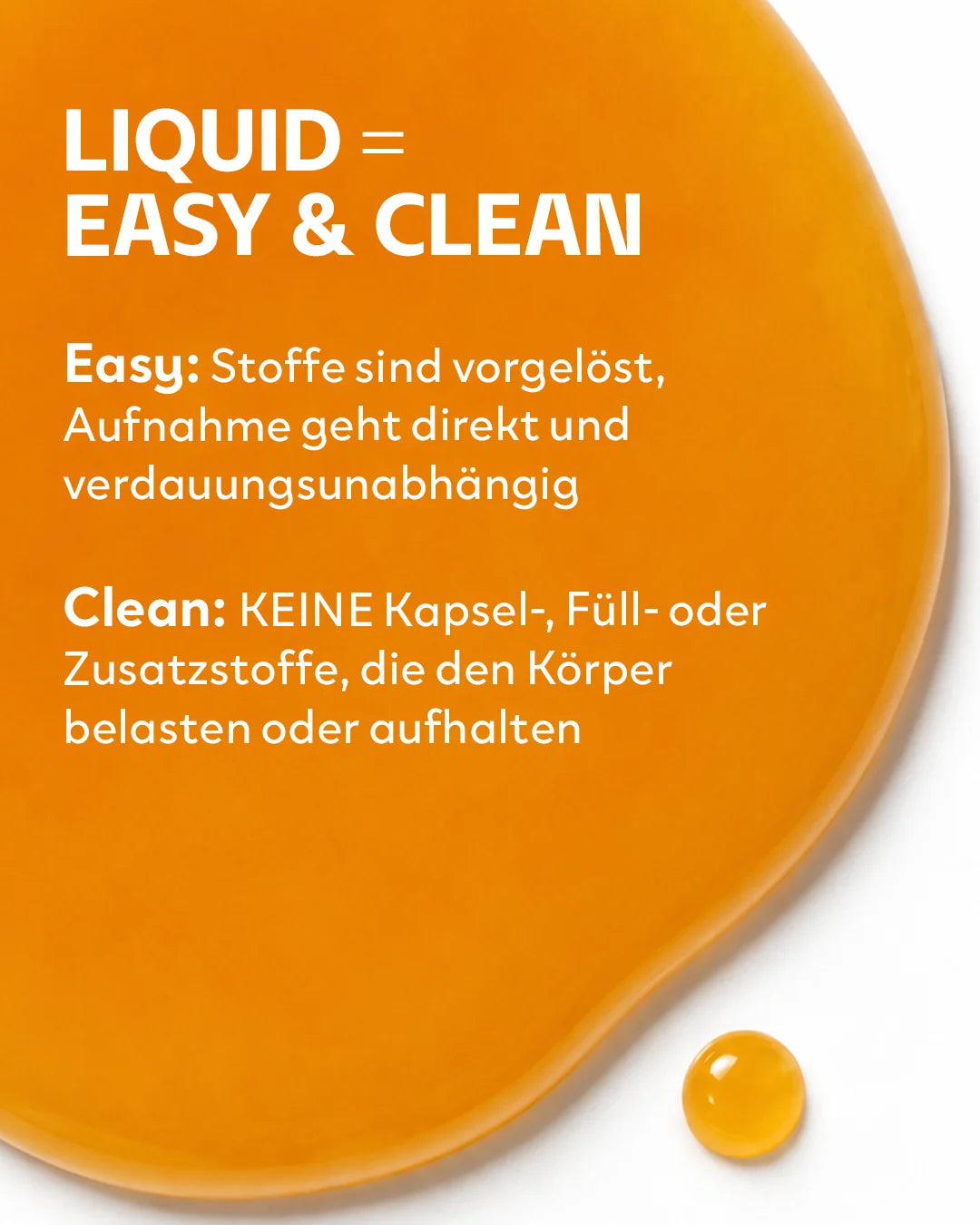 Aufnahme der intensiven organgfarbenen flüssigen INJU Q10-Komplex Essenz. Text erläutert Vorteile der flüssigen Form: schnelle und saubere Aufnahme ohne Kapseln oder Zusatzstoffe