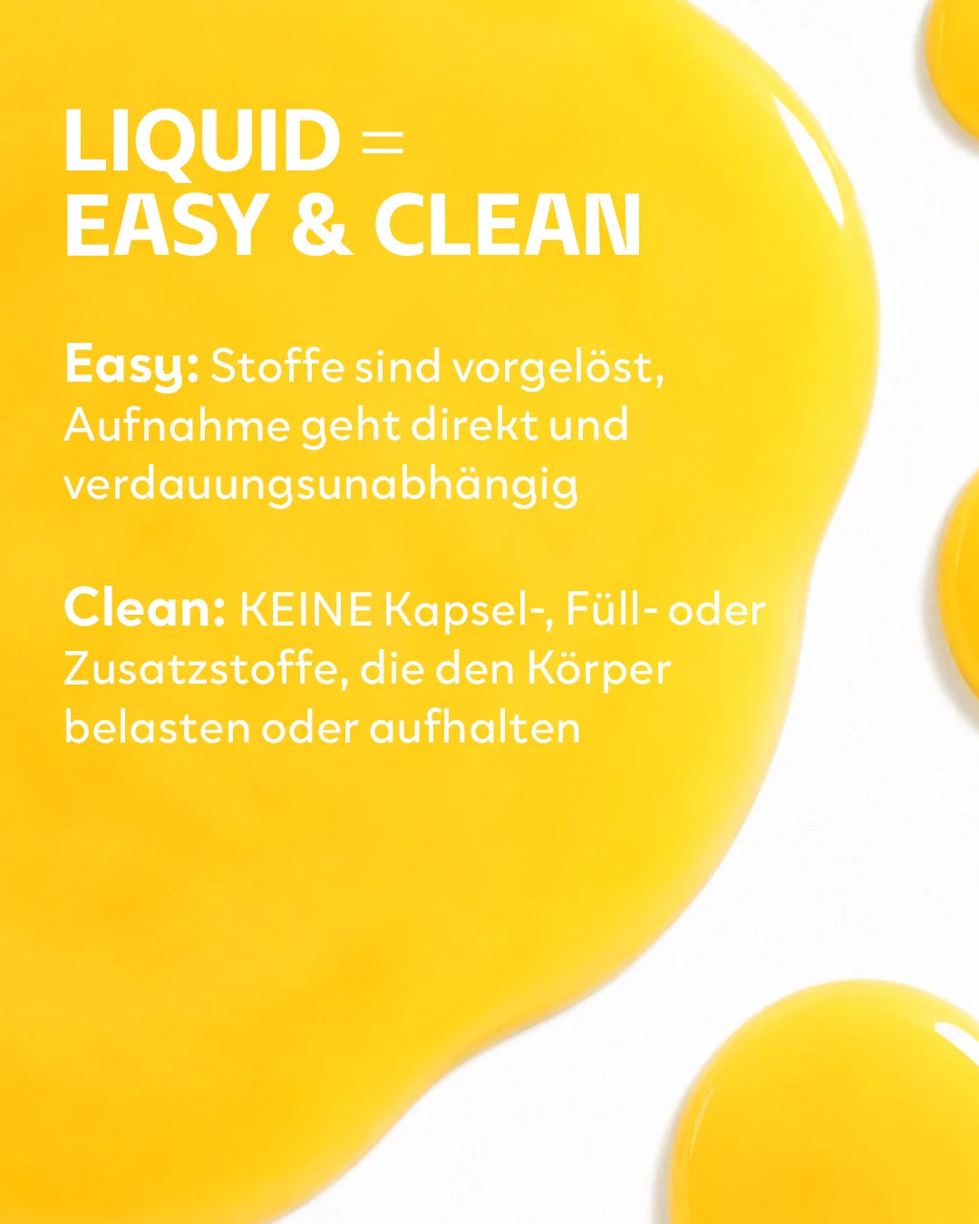 Aufnahme der leuchtend gelben flüssigen INJU Vitamin D3 Essenz. Text erläutert Vorteile der flüssigen Form: schnelle und saubere Aufnahme ohne Kapseln oder Zusatzstoffe