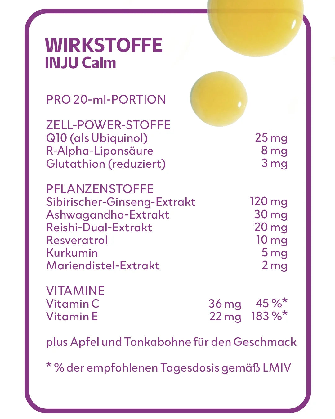 Infografik der Wirkstoffe von INJU CALM pro 20 ml Portion. Enthält Zell-Power-Stoffe wie L-Arginin und Q10, Pflanzenstoffe wie Resveratrol und Mariendistel sowie einen umfassenden Vitamin-Komplex (A, C, E, B-Vitamine) und Mineralien wie Zink und Selen.