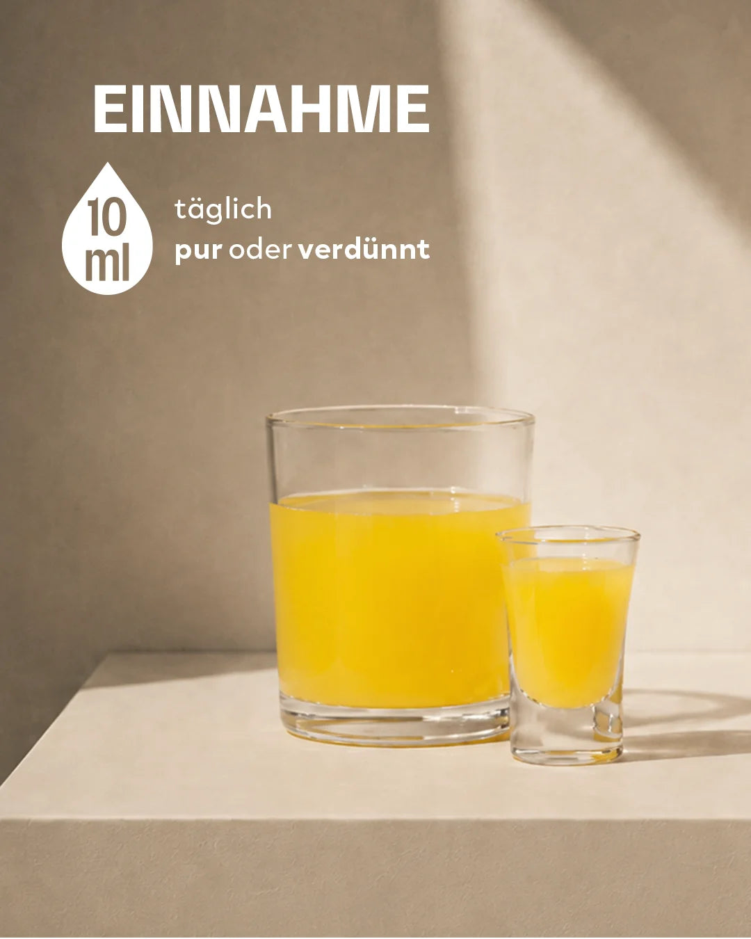 Ein großes Wasserglas und ein kleines Shotglas mit der gelben INJU Magnesium Flüssigkeit auf beigem Grund. Text-Info: 10ml tägich pur oder verdünnt einnehmen.